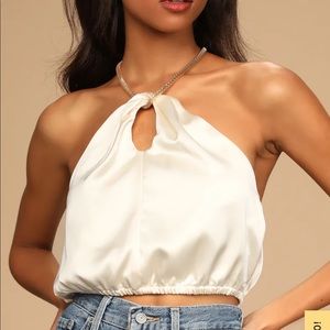 Lulu’s Champagne Satin Chain Halter Crop Top